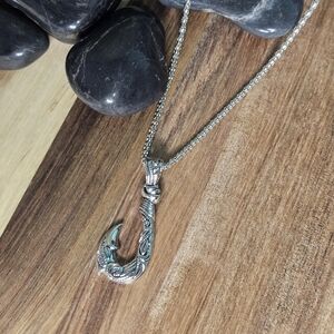 Silver Fish Hook Pendant Necklace